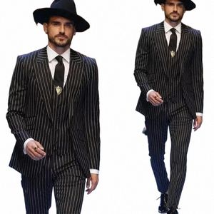 gothic Black Stripe Men Suits 3 Piece Jacket Pants Vest Skinny Full Set Regular Length Peak Lapel Single Breasted Male Clothing L3OJ#