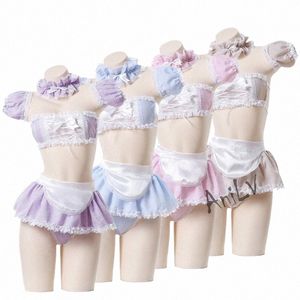 Anilv Lovely Girls Lace Plaid Maid Bikini Swimsuit Costume Anime Lolita Badkläder Uniform Temptati Lingerie Cosplay Clothes 19wu#