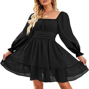 ZAFUL Damen-Minikleid mit quadratischem Ausschnitt, schulterfrei, Raffung hinten, lange Laternenärmel, Rüschen, kurzes Kleid, A-Linie