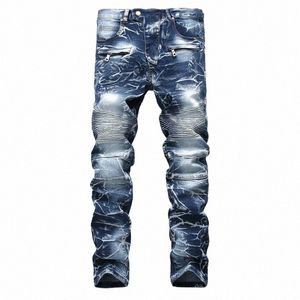 FI Herrarna Nya denim Jeans Byxor Jogging Party Hip Hop Cott Straight Large Size Jeans Högkvalitativ motorcykel Design 42AK#