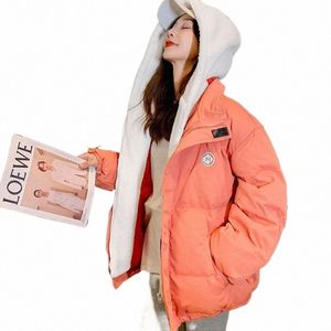 2023 nuove donne giù Cott cappotto giacca invernale femminile di breve lunghezza addensare lana di agnello Parka con cappuccio allentato Outwear semplice soprabito T3LI #