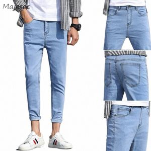 Mężczyźni dżinsy ołówkowe do kostki proste jeansowe modne fajne samce kowbojskie spodnie Slim Teen-Match Korean Spring Street Wear n0fr#