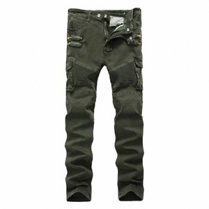 Mens Skinny Rasgado Biker Jeans Zipper Multi Bolsos Carga Exército Verde Militar Hip Hop Homens Plissados Jeans Motocicleta Dropship 83K1 #