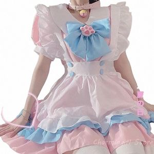 plus Size 5XL Women Maid Outfit Cosplay Anime Lolita Costume Cute Cat Pink Blue Lace Trim Apr Cat Paw Lolita Dres Full Set 05PQ#