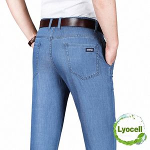 Sommer dünne Lyocell Herren Jeans Fi Hellblau Klassische Hohe Taille Lose Drape Busin Gerade Hosen Markenkleidung Z3hJ #