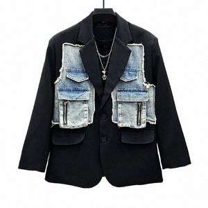 pfhq Spliced Denim Suit Coat Men's Trendy INS Streetwear Loose Creativity Versatile Light Luxury Single Breasted Blazers 21Z2346 q1G4#