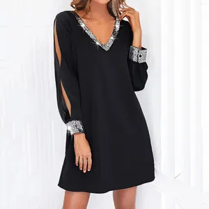 Sukienki swobodne kobiety błyszczące z szwy z siatki nocne sukienka sprężyna wiosna v szyja podzielona długie rękawy szczupły eleganckie szatę femme plus size s-5xl