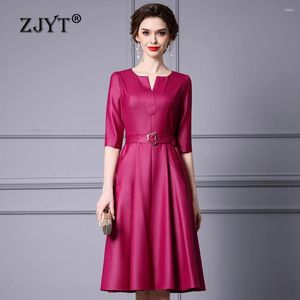 Vestidos casuais zjyt elegante primavera para mulheres moda três quartos manga midi vestido sólido simples aline vestidos para mujer 2024