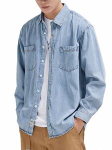 2023 Autumn New Denim Shirt Men Classic Casual Chest Pockets Soft Cott Lg Sleeve Cowboy Loose Blue Jeans Shirts E56i#