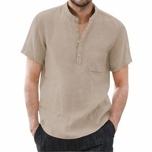 Mäns korta ärm T-shirt Cott och linne Casual Men t-shirts Solid Color Summer Shirt Male Mysig andningsbar G8BP#