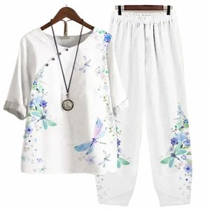 Neue Sommer Zweiteilige Sets Weiß Blumendruck Damen Outfits Elegante Damen O Neck Lose Kurzarm Hemd Hohe Taille Hosenanzug 23oF #