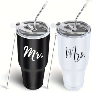 2pcs, Mr and Mrs Car Cups, 스테인레스 스틸 텀블러, 신혼 부부, 커플, 아내, 신부, 새로 약혼 한 신부 샤워, 결혼식을위한 단열 된 여행용 텀블러