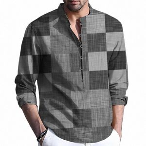 bohemian Vintage Plaid Print Mens Shirt Cott Linen Lg Sleeve Loose Pullover Shirts Fall Casual Butted Stand Collar Shirts u1Pj#