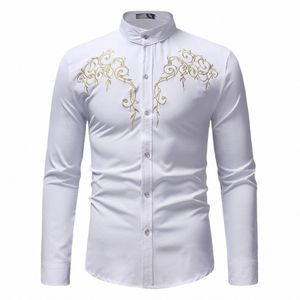 Ouro Bordado Stand Collar Branco Dr Camisas Para Homens Busin Social LG Manga Camisas Masculino Fi Slim Fit Chemise Hombre C7iP #