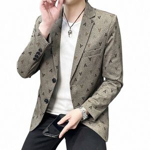 hoo 2023 Men's New Autumn Handsome Casual Fi Tailored Suit Jacket Youth Slim-Fit Letters Jacquard blazer r6ts#