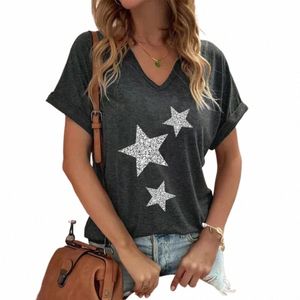 fi V-neck Women's T-Shirts Funny Five-Pointed Star Printed T Shirt For Women Summer Hot Sale Short Sleeve Casual Loose Tops Z7nO#