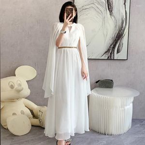 Casual Dresses Luxury 2024 Fashion Elegant Whited Chiffon Women Spring Summer Party Holiday O Neck Sleeveless High End