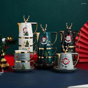 Cups Saucers Ceramic Teapot Mug Gift Christmas Elk Teacup Set Home Year Coffee