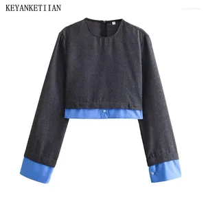 Женские блузки KEYANKETIAN Launch, женская лоскутная блузка в клетку с тысячей птиц и молнией на спине, модная укороченная рубашка с круглым вырезом и длинными рукавами для отдыха