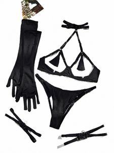 erotic Tassel Lingerie Set, Halter Open Bust Bra & Cut Out Panties & Gloves & Garter Belt, Women's Sexy Lingerie Underwear s32S#