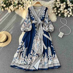 Casual Dresses Designer Runway Women V Neck Maxi Dress Elegant Spring Flower Print Green Lacu Up Bow Ladies Holiday Long weeding Vestidos YR6E