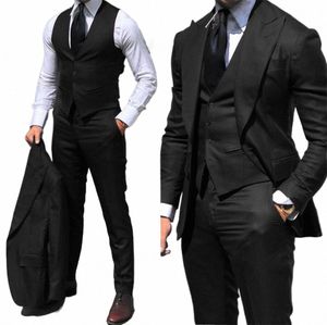 Svarta män passar 2024 Busin Office Jacket Pants Vest Three-Piece Set Slim Fit Outfit Wedding Tuxedo för manliga anpassade kläder O3ll#