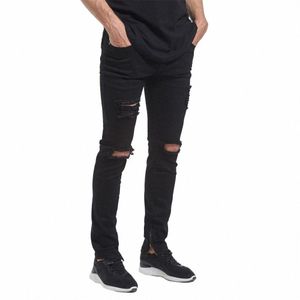 Män jeans svart stretch förstörde hål design fi ankel blixtlås jeans rippade jeans för män mager distrikt Slim berömda H7C4#