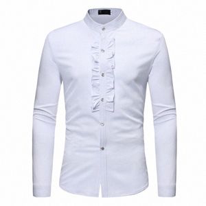 Mens Ruffle Tuxedo Dr Shirts 2018 Brand New Slim Fit Lg Sleeve Stand Collar Shirt Men Promed Wedding Chemise Homme 02kh＃