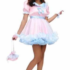 sexy Sissy Französisch Hot Pink Blue Absatz Puppenkragen Schöne Spitze Gothic Maid Kostüm Customizati L3rX #