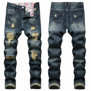 denim casual rippade byxor mäns fi lg plus storlek 28-42 jeans hål förstört rippad Cott s mörkblå droppskepp 67lo#
