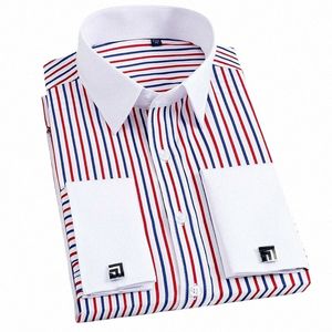 quality Men Casual Slim Fit Shirt Mens Lg Sleeve Busin Dr Shirts French Cufflinks Shirt Male Striped Shirt Y78r#