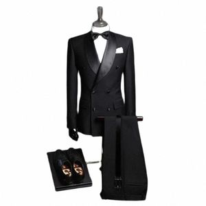 black 2 Piece Mens Blazer Double Breasted Suit Custom Made Slim Fit Men Wedding Blazers Groom Tuxedos For Men Jacket+Pants 24ga#