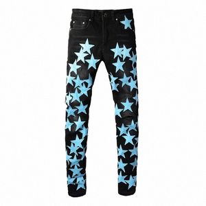 men Sky Blue Leather Stars Patches Jeans Streetwear Black Stretch Denim Skinny Tapered Pants Holes Ripped Trousers Z5aV#