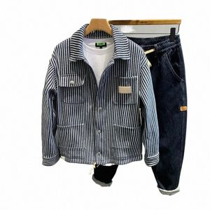 men's Fi Striped Jacket Spring Autumn Multi-pocket Cargo Loose Turndown Collar Lg Sleeves Single-breasted Tops Jackets C0G2#