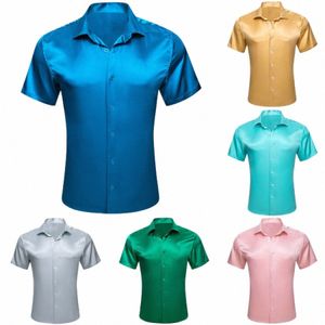 Luxury Men's Shirts Short Sleeve Silk Solid Satin Blue Gold Teal Green Gray Pink Slim Fit Casual Summer Tops Clothes Barry Wang M7SJ#