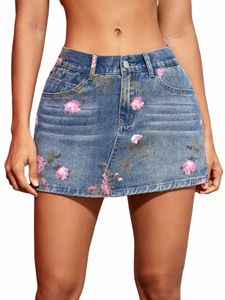 2023 Women fi Ploral Print Split Hem Denim Skort 90s Retro Summer Sexy Jean Shorts Street Slim A-Line Skirt 512i#