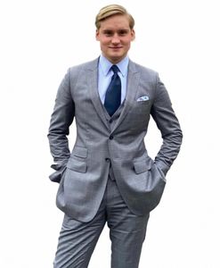 Italienska lyxiga män kostymer Groom's Wedding Suit Grey Check Jacket sätter 3 stycken Custom Tuxedo Elegant Dr Blazer+Pants+Vest M5MD#