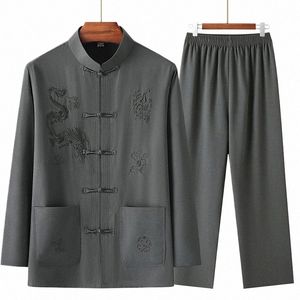 2 pcs/set men tang suit set 중국 전류의 옷 탄성 허리 와이드 다리 부드러운 남자 아버지 셔츠 바지 세트 y3dp#