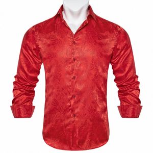 Luksusowe męskie koszule z rękawów LG Fi czerwone paisley szczupły fit jedwabny męski social busin przyjęcie ślubne Tuxedo Shirt Mężczyznę ubrania H7hy#