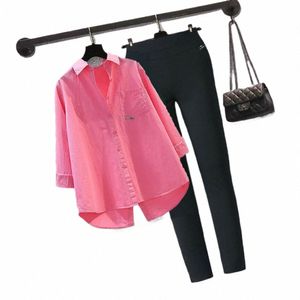 women's Casual Sets Oversized Cott Shirts Solid Lg Sleeve Streetwear Top Blouse Sweet Loose Elastic Waist Pencil Pants Suit Q7Yn#