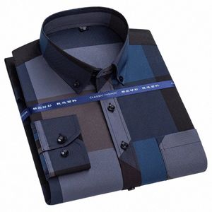 Erkekler Dr Shirts Bahar Sonbahar Son Sıcak Satış N-IR Kırışıklık Karşıtı Busin Sıradan Baskı İnce Ekose İnce Uygun Kimya Homme X0A7#