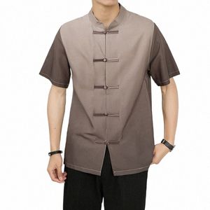 Masculino estilo chinês fi camisa de manga curta com bunda e camisa de correspondência de cores para homens tamanho grande casual solto tops r40j #