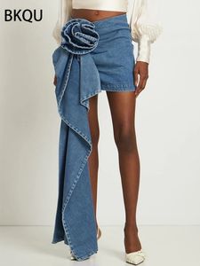 BKQU 2024 Summer denim mini kjolar y2k estetiska 3d blommor design hög midje mikro kjolar mager wrap jeans penceil kjol kvinnor 240328