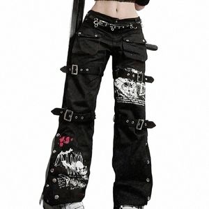 E-GIRL GOTHIC Black Cargo Pants Capri Women Low Midje Jeans LG Byxor Y2K Grunge Vintage Hip Hop Punk Harajuku Streetwear L27Z#