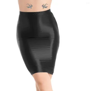 Röcke für Damen, Öl, glänzend, glänzend, hohe Taille, schmal geschnitten, Bleistift-Minirock, Stretch, figurbetont, Hemden, Clubwear, Hüftwickel, glatte Damen