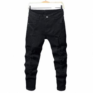 Män Slim Biker rippade LG -denimbyxor Skinny Jeans Pocket Young Man Jogging Pants Destetched Stretchy Black Pants J60Q#