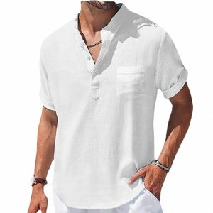 новая мужская повседневная летняя рубашка с воротником-стойкой, однотонная льняная рубашка с короткими рукавами, модная дышащая свободная молодежная базовая рубашка с карманами o5bM #