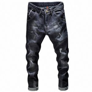 Kstun rippade jeans män mörkblå stretch smal fit distrikt streetwear denim byxor casual retro cyklist jeans man byxor hiphop r6dt#