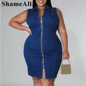 Plus -storlek Slå ner krage super stretchy jean bodycon klänning 4xl sommarfront blixtlås pinafore ärmlös klubb jumper kjol 240312