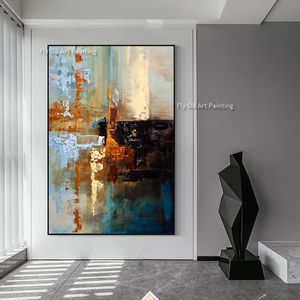Hand Paint Original Abstract Art Knife Thick Oil Painting On Canvas Textured Acrylic Dark Teal Wall Paintings Blue Orange Wall Painting For Living Room Decor